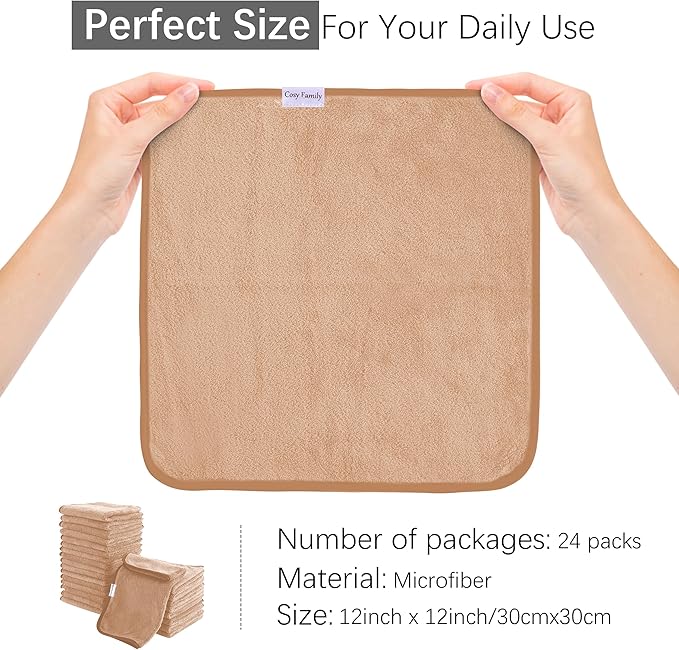 Cosy Family 24 Pack Soft Washcloths Set - 12 x 12 inches, Quick Drying - Highly Absorbent Coral Velvet Fingertip Towel Bathroom Wash Clothes for Bath, Spa, Facial, Kitchen - Brown