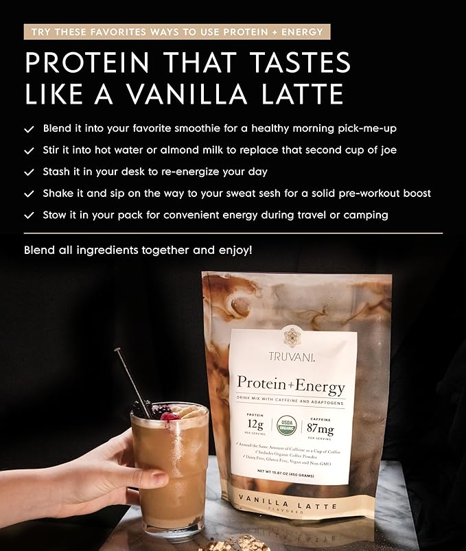 Truvani Protein + Energy Drink Mix with 87mg Caffeine | Vanilla Latte | 12g Organic Plant Based Protein | 20 Servings | USDA Organic Coffee Powder & Adaptogens | Gluten & Dairy Free | Vegan | Non-GMO