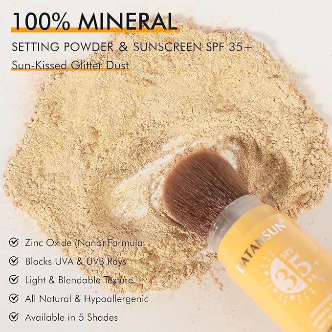 Mineral Powder Sunscreen Setting Makeup - SPF 35 Brush On Sunscreen for Face & Scalp & Hair, Natural Glow Loose Finishing Powder, Oil Control Lightweight Breathable (#05 Clear Glitter)