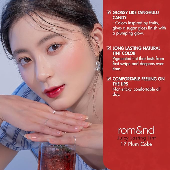 rom&nd Juicy Lasting Tint #17 Plum Coke - K-Beauty Long-Wear Glossy Lip Stain for Cool Tones, Hydrating & Non-Sticky Deep Berry Plum