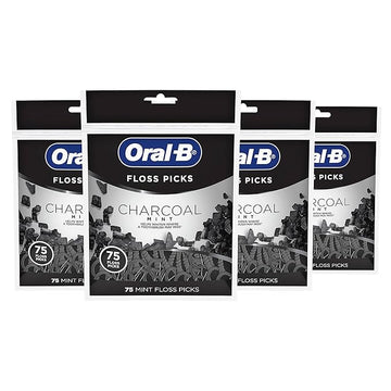 Oral-B Charcoal Infused Mint Dental Floss Picks, 75 Count, Pack Of 4