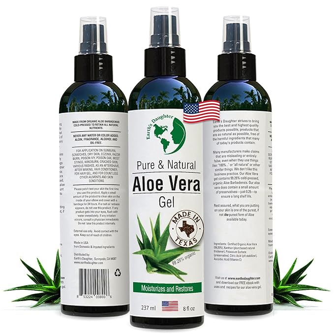 Earth’s Daughter Organic Aloe Vera Gel from Fresh Cut 100% Pure Organic Aloe leaves – Fast Absorbing for Face, Skin, Hair & Body – Vegan, Unscented, Natural - 8 Oz USA Made