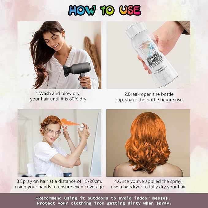 Temporary Hair Color Spray for Adults - Instant Orange Hair Dye Alternative, Washable & Non-Sticky, Gentle Formula for Halloween, Cosplay, Party, Costume Makeup (150ml)