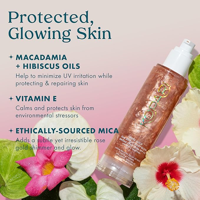 Kopari Sun Shield Body Glow, Broad Spectrum SPF 45, Lightweight Shimmering Gel Texture Absorbs Quickly, Non Sticky, Glowing Results, Rose Gold 5 oz