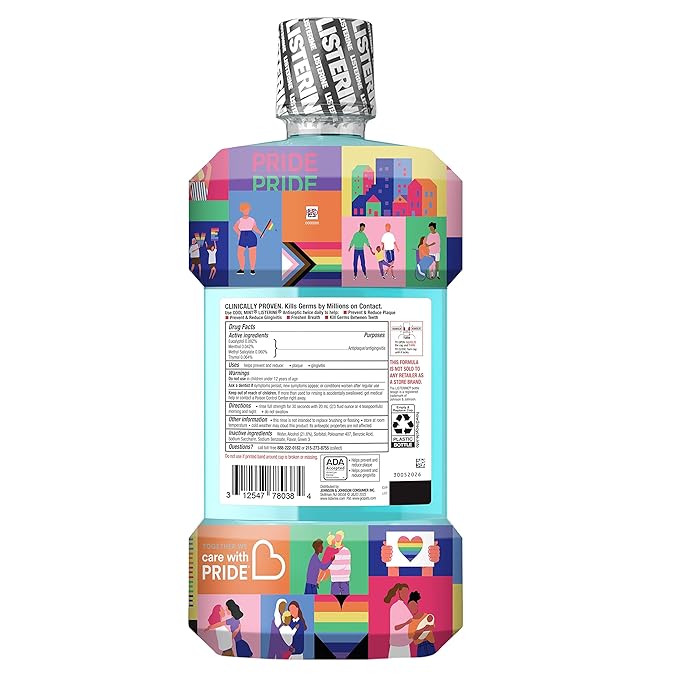 Listerine Cool Mint Antiseptic Mouthwash to Kill 99% of Germs That Cause Bad Breath, Plaque and Gingivitis, Cool Mint Flavor, Special Care with Pride Packaging, 1 L (Pack of 2)