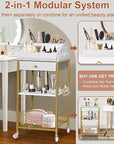 Makeup Organizer Cart with Drawer, 2-in-1 Rolling Organizer Cart with Hair Tool Holder, Vanity Storage for Skincare, Perfume, Nail Polish, Cosmetics, Gold Finish