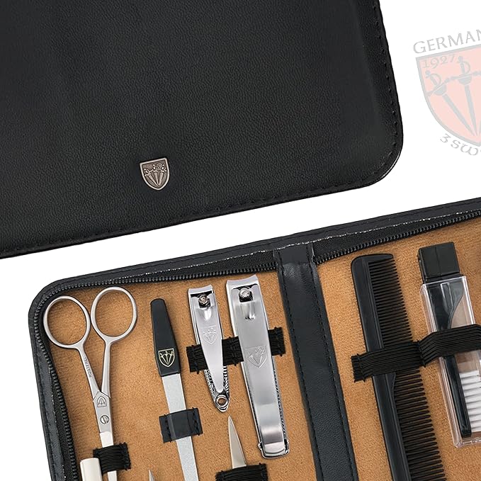 3 Swords Germany - brand quality 12 piece manicure pedicure grooming kit set for professional finger & toe nail care scissors clipper fashion leather case in gift box, Made by 3 Swords (00798)