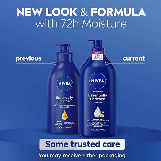 NIVEA Essentially Enriched Body Lotion for Very Dry Skin with Hyaluronic Acid, Almond Oil and Deep Nourishing Serum, 72-Hour Body Moisturizer, 33.8 Fl Oz Value Size Pump Bottle