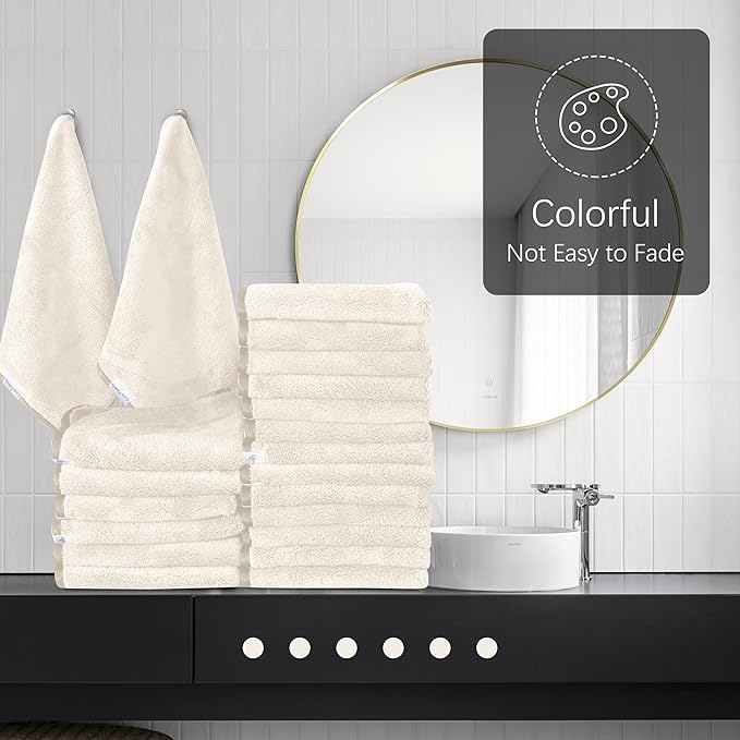 Cosy Family 24 Pack Soft Washcloths Set - 12 x 12 inches, Quick Drying - Highly Absorbent Coral Velvet Fingertip Towel Bathroom Wash Clothes for Bath, Spa, Facial, Kitchen - Cream