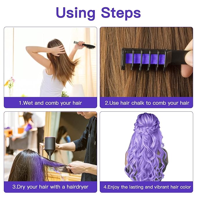 New Hair Chalk Comb Temporary Bright Hair Color Dye for Girls Kids, Washable Hair Chalk for Girls Age 4 5 6 7 8 9 10 New Year Birthday Cosplay DIY Halloween, Christmas（Purple)