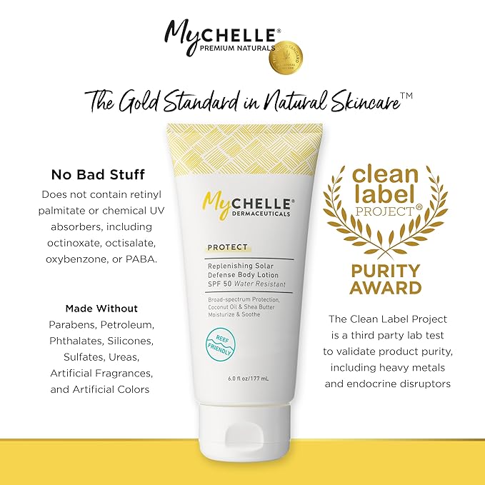 MyCHELLE Dermaceuticals Replenishing Solar Defense Body Lotion SPF 50 (6 Fl Oz) - Moisturizing Reef Safe Sunscreen with Coconut Oil and Shea Butter - Water Resistant for 80 Minutes