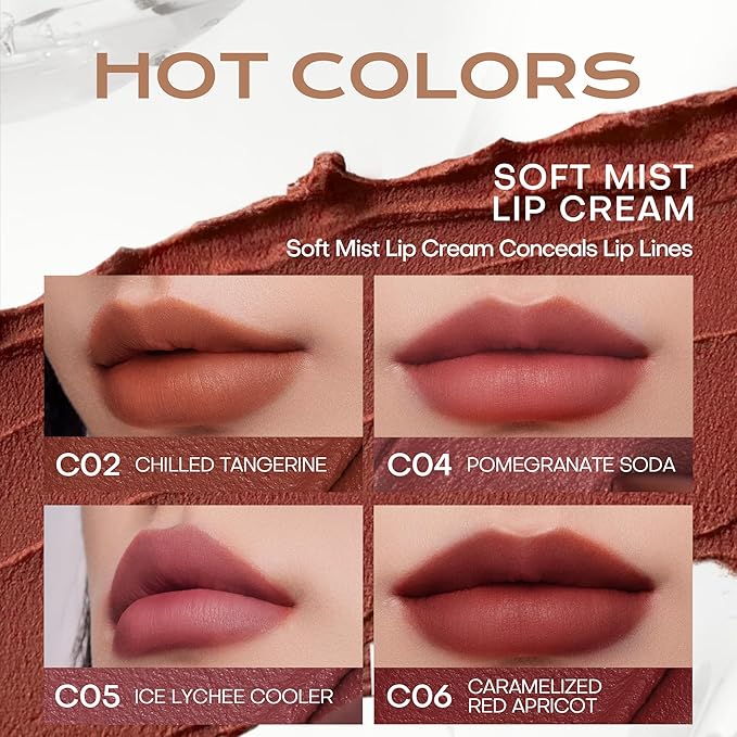 Mistine Cream Lip Gloss Thai latte Long Lasting Lip Gloss Non-sticky Silk Smooth Mist Matte Finish Lip Tint Gloss C02 Chilled Tangerine 0.1 fl oz 1 Count