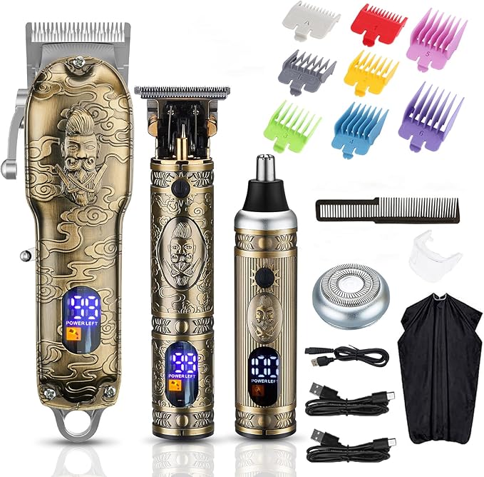Hair Clippers for Men,Professional Hair Cutting Kit,Cordless Barber Clipper and T-Blade Beard Trimmer Set (Gold-1)