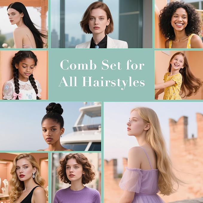 SALONSILK Mint Green 4PCS Professional Comb Set, Wide Tooth Rat Tail Fine Tooth Hair Combs, Braiding Cutting Barber Styling Curly Parting Set for Men and Women