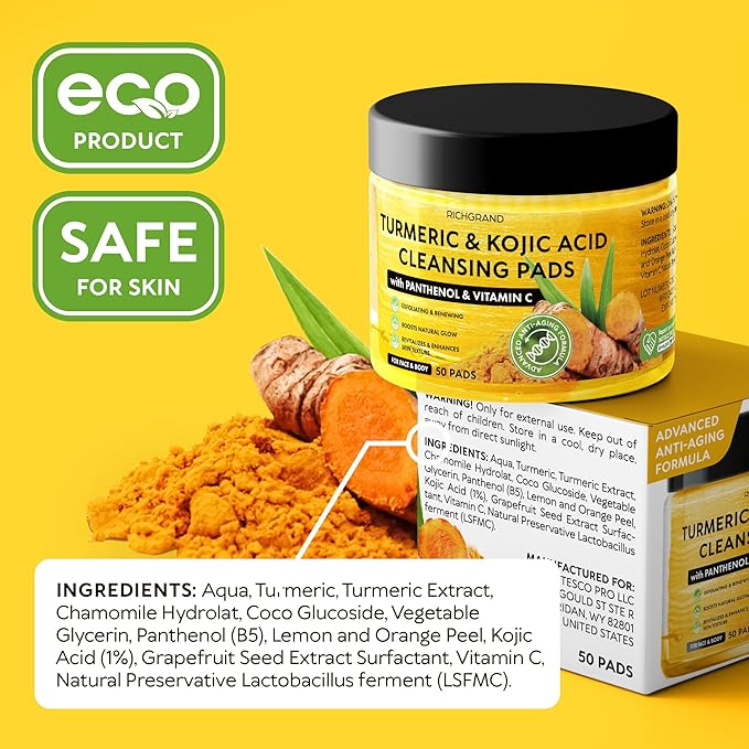 Turmeric Kojic Acid Cleansing Pads - Exfoliating Turmeric Pads for Face Dark Spots, Discoloration - Daily Skin Care for Men & Women - Natural Glow Facial Wash