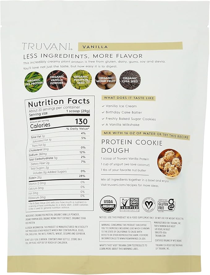 Truvani Vegan Pea Protein Powder | Vanilla | 20g Organic Plant Based Protein Per Serving | 20 Servings | Keto | Gluten & Dairy Free | Low Carb | No Added Sugar