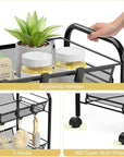 TOOLF 3-Tier Metal Rolling Cart, Mesh Wire Easy Assemble Utility Cart, Storage Trolley on Wheels with 3 Hooks, MetalStorage Shelving Units for Kitchen Bathroom Laundry Room