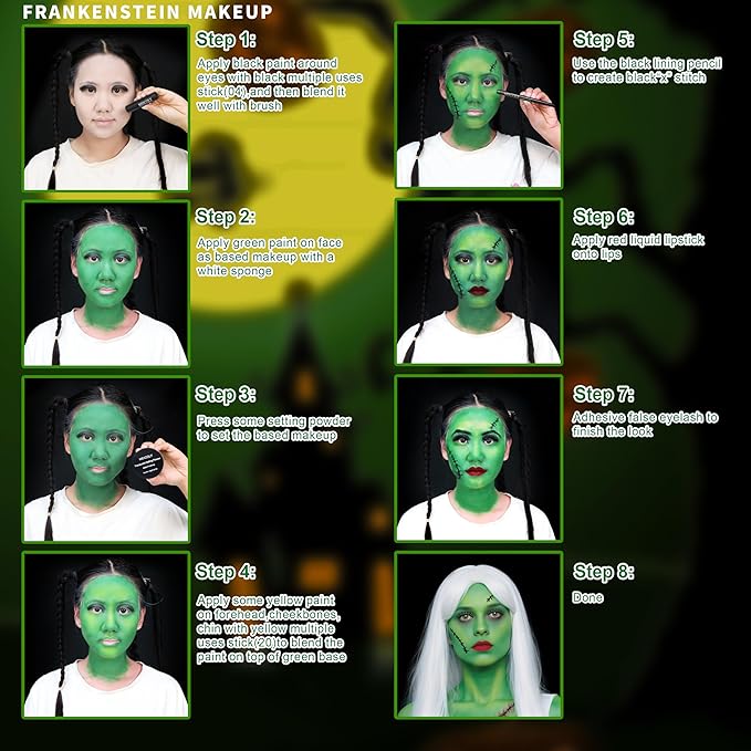 MEICOLY Complete Green Witch Makeup Kit,Wicked Costume Halloween SFX Frankenstein Makeup Set,Elphaba Green Face Paint for Character Cosplay Stage Performance Theater,Setting Powder,Yellow Face Paint