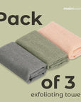 MainBasics Exfoliating Shower Towel - Japanese Nylon Bath Towel and Body Washcloth, Quick-Dry, Durable, Deep Exfoliation (Set of 3, Earthy Love)
