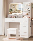 Makeup Vanity Desk Set, 35.4“Wx15.7”Dx53.9“H, White (Smart LED Mirror, with Cushion Stool, Hairdryer Rack, Power-Outlet, 4 Drawers, Open Shelves)