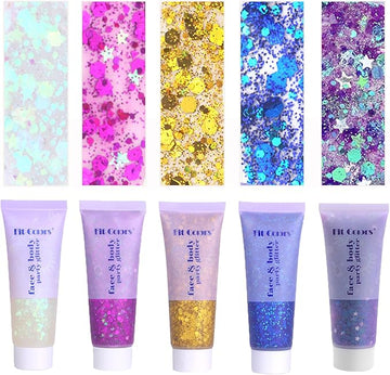 Face Body Glitter, Hair Glitter Sparkles Chunky Face Glitter Gel for Girls Makeup Singer Concerts Mermaid Festival Sequins Face Paint (White+Rose+Gold+Blue+Purple)
