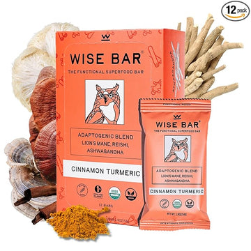 WISE BAR Adaptogen Mushroom Bars | Cinnamon Turmeric Flavor | 12 Count | Functional Mushrooms and Adaptogens Bar | Organic Nutrition Energy Bars, Vegan, Gluten Free