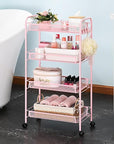 TOOLF 4 Tier Rolling Utility Cart - Durable Metal Design Pink Utility Cart, Storage Trolley on Wheels with 3 Hooks, Perfect for Kitchen, Bathroom & Laundry Room Organization