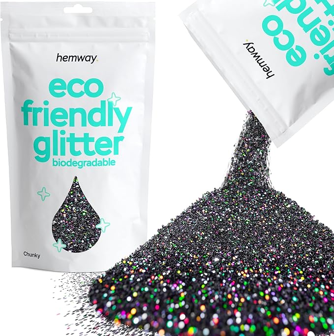 Hemway Eco Friendly Biodegradable Glitter 100g / 3.5oz Bio Cosmetic Safe Sparkle Vegan for Face, Eyeshadow, Body, Hair, Nail and Festival Makeup - Chunky (1/40" 0.025" 0.6mm) - Black Holographic