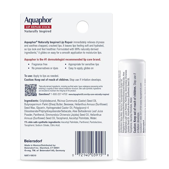 Aquaphor Naturally Inspired Lip Repair Stick with Aloe Vera and Natural Shea Butter, Hydrating Lip Balm Immediately Relieves Dryness, 0.17 Oz Stick (Pack of 2)