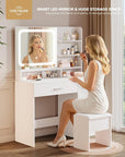 Makeup Vanity Desk Set, 35.4“Wx15.7”Dx53.9“H, White (Smart LED Mirror, with Cushion Stool, Hairdryer Rack, Power-Outlet, 4 Drawers, Open Shelves)