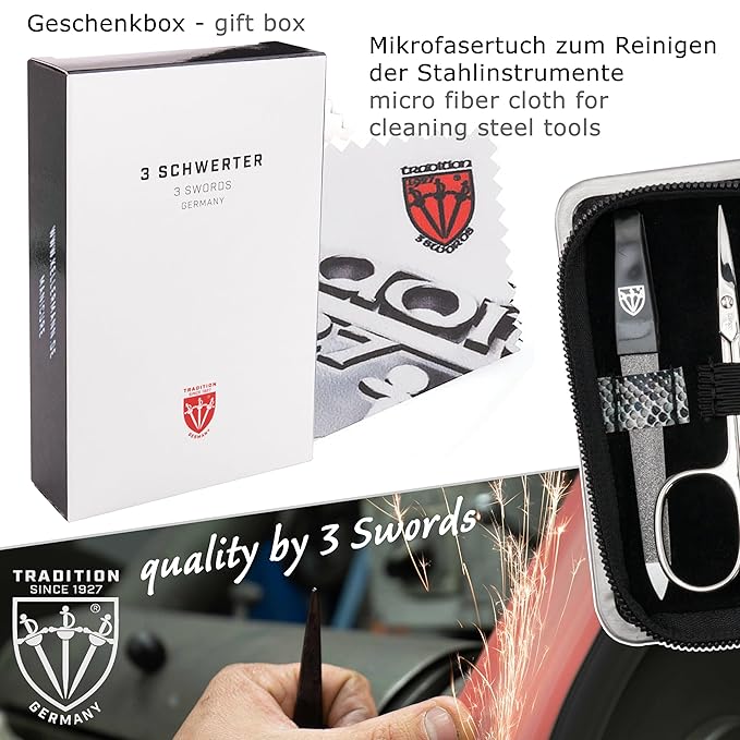 3 Swords Germany - brand quality 6 piece manicure pedicure kit set for professional finger & toe nail care with synthetic leather case - Made in Germany - snake optics