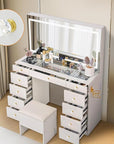 Pamapic Glass Top Vanity Desk with Crystal Handles, 11 Drawers Makeup Vanity with Mirror and Stool, 3 Lighting Modes Dressing Table, Power Outlet, Silent Slides, White