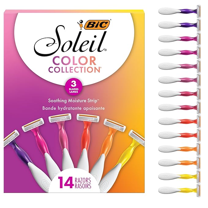 BIC Soleil 3 Colors Women's Disposable Razors With Aloe Vera and Vitamin E Lubricating Strip for Enhanced Glide, 3 Blades, 14 Count