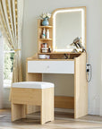LIKIMIO Small Makeup Vanity Desk with Mirror and Lights, Vanity Table Set with Storage Drawer, Chair and Three Shelves, Bedroom, Wood