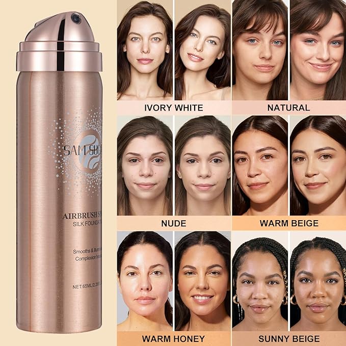 AirBrush Foundation Spray, Liquid Foundation Makeup Set, Full-Coverage Foundation Mist for Color Correcting,Concealer,Flawless Look,Matte Finish,Include Brush and Sponge,2.28oz(#1 Ivory White)