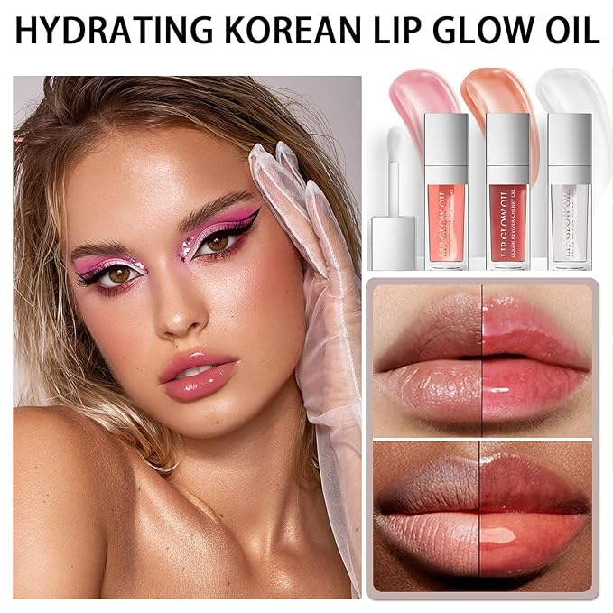 3 Color Tinted Plumping Lip Oil Gloss Set, Ultra Hydrating & Nourishing Lip Care, Smooth Glossy Shiny Transparent Plumping Lip Glow Oil (SET B)