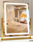 ROLOVE Vanity Mirror with Lights, 18"x22" LED Makeup Mirror with 10X Magnification, Smart Touch 3 Colors Dimmable, Light Up Mirror for Makeup Desk, 360° Rotation, Gold