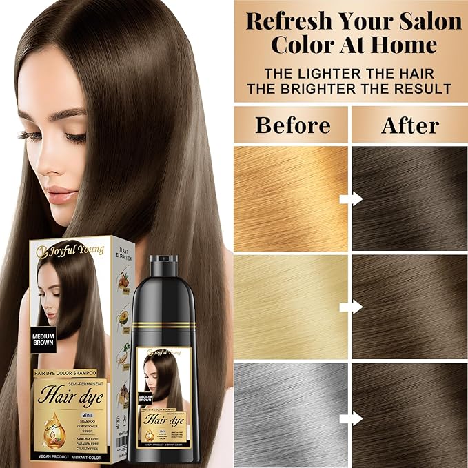 Natural Hair Dye Shampoo 3 IN 1, Hair Color for Gray Hair Coverage, Hair Coloring Shampoo for Women, Color Shampoo Beard Dye for Men, Vegan Ammonia Free (NATURAL MEDIUM BROWN)