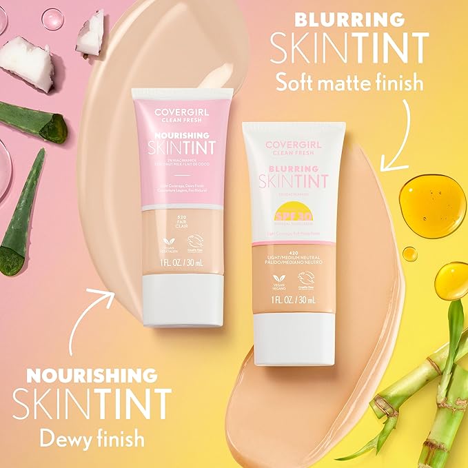 COVERGIRL Clean Fresh Nourishing Skin Tint, 520 Fair/Light, Liquid Foundation, Dewy Finish, Infused with Coconut & Aloe, Vegan Formula