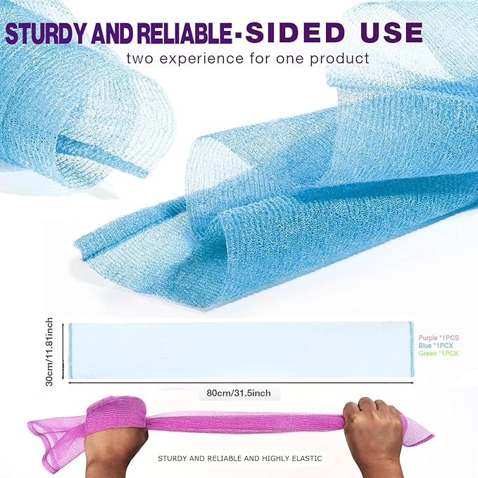 3 Pieces Exfoliating Washcloth Shower Towel African Net Sponge Japanese Wash Cloth Face Exfoliating Sponge Loofah Exfoliating Body Scrubber for Body Exfoliation (Purple,Blue,Green)
