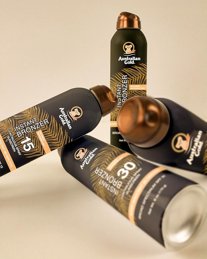 Australian Gold Continuous Spray Sunscreen with Instant Bronzer SPF 30, Immediate Glow & Dries Fast Water Resistant NonGreasy Oxybenzone Free Cruelty Free, Bronzer New, Orange, 6 Oz