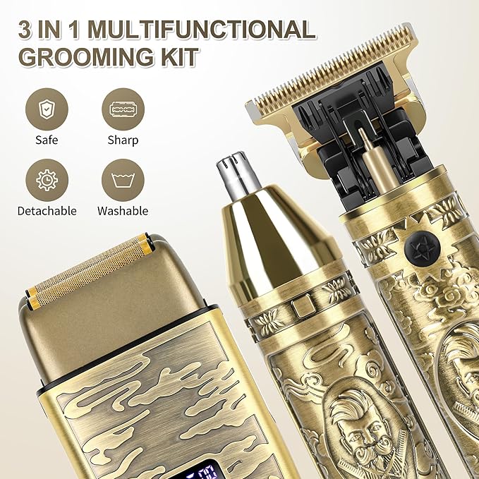 Electric Foil Shaver for Men, T-Blade Beard Trimmer Razor Nose Hair Trimmer Set, Cordless Rechargeable Beard Trimmers Professional Hair Clippers Kit with LCD, Gifts for Men Him Dad Fathers Day