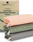 MainBasics Exfoliating Shower Towel - Japanese Nylon Bath Towel and Body Washcloth, Quick-Dry, Durable, Deep Exfoliation (Set of 3, Earthy Love)