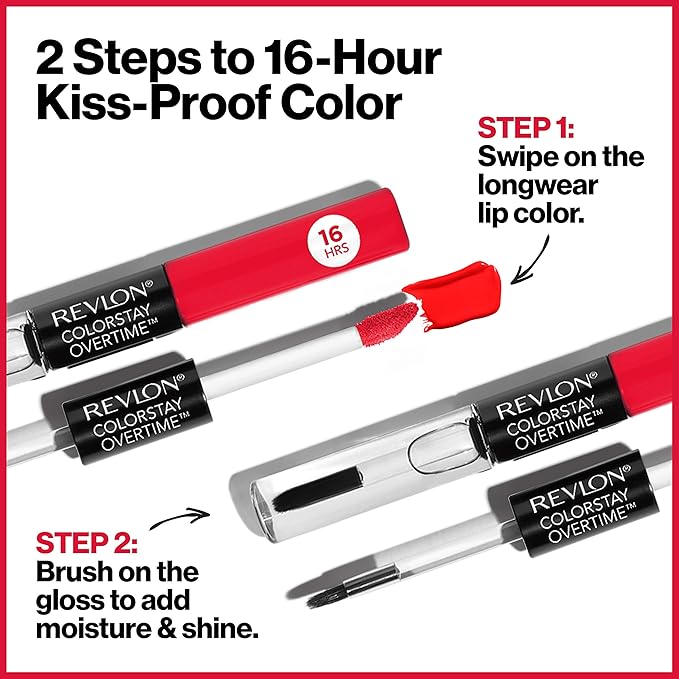 Revlon Liquid Lipstick with Clear Lip Gloss, ColorStay Overtime Lipcolor, Dual Ended with Vitamin E, 480 Unending Red, 0.07 Fl Oz
