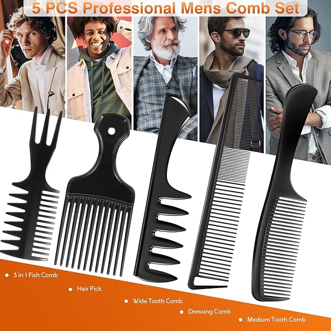 SALONSILK 5Pcs Combs for Men, Hair Pick Comb Set for Afro Black Mens Curls, Wide Tooth Medium Toothed Styling Dressing for Twist Detangler Natural Hair
