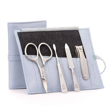 GERMANIKURE 4pc Manicure Set in Light Blue Leather Case - Made in Solingen Germany, FINOX Stainless Steel Tools – Professional Quality Compact Nail Grooming Kit
