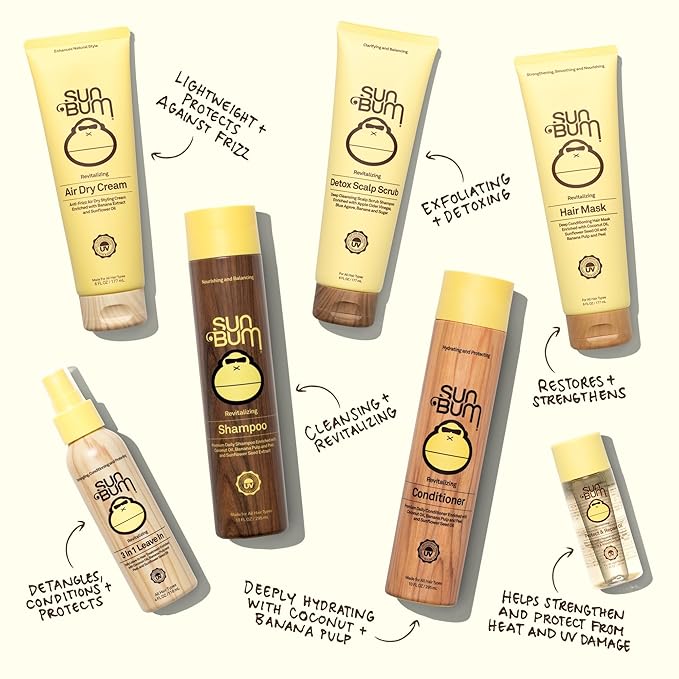 Sun Bum Revitalizing 3 in 1 Leave In Conditioner - Anti Frizz Detangler - Color Safe with UV Protection - Enriched with Coconut Oil and Banana - 4 oz