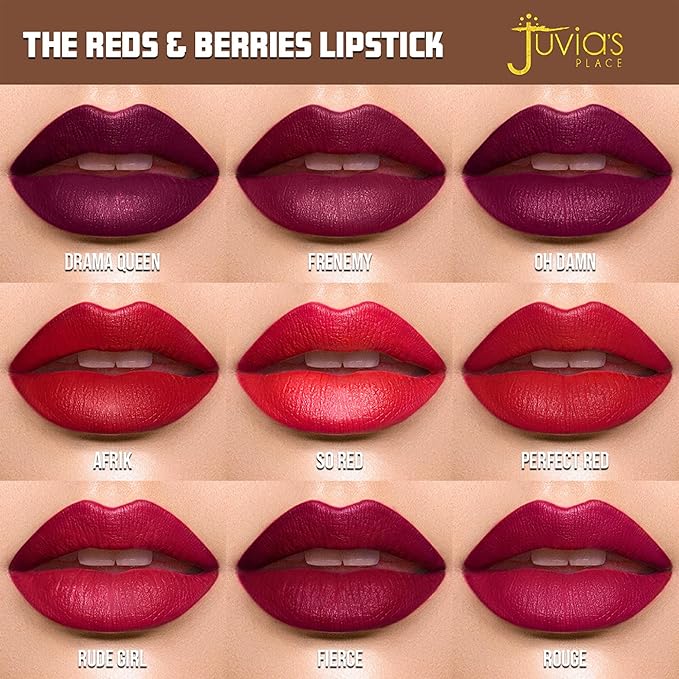 Juvia's Place Reds & Berries Velvety Matte Lipsticks The Reds Afrik - Blood Red, Soft-Matte Lipstick, Hydrating, Highly Pigmented, Creamy, Smooth, and Long-Lasting