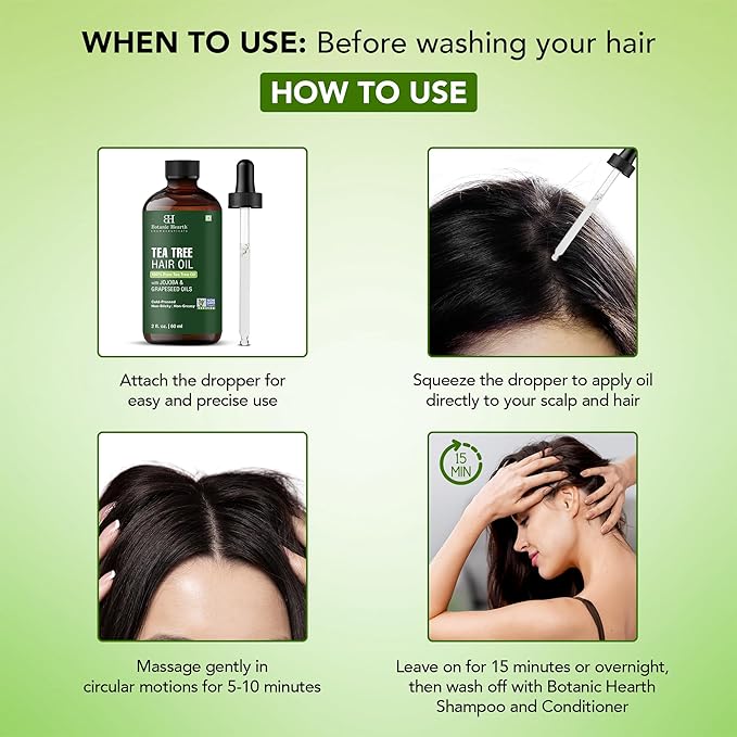 Botanic Hearth 100% Pure Tea Tree Oil For Hair Growth | Infused with Jojoba & Grapeseed Oils | Hair Oil Repairs Dry Damaged Hair, Strengthening, Healthier - Hair Tonic, 2.0 fl oz