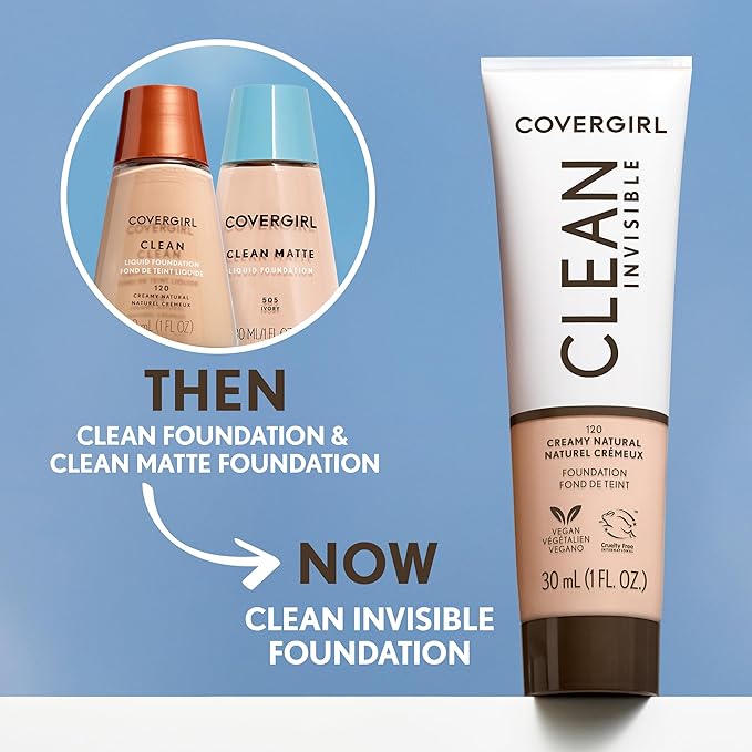 COVERGIRL Clean Invisible Foundation Makeup, Dewy & Glowy Natural Finish, Buildable Coverage, Skin-Like Smooth Look, Vegan, Light Beige, 1oz